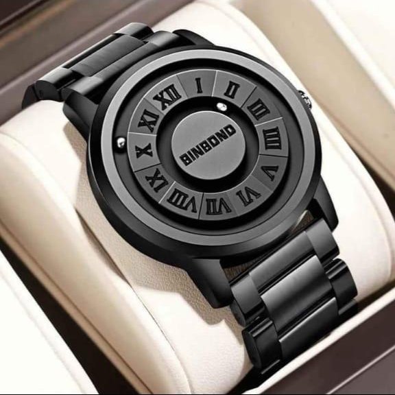 BINBOND Black Magnetic Ball Stainless Steel Watch for Men - Minimalist Unique Roman Dial Wrist Watch